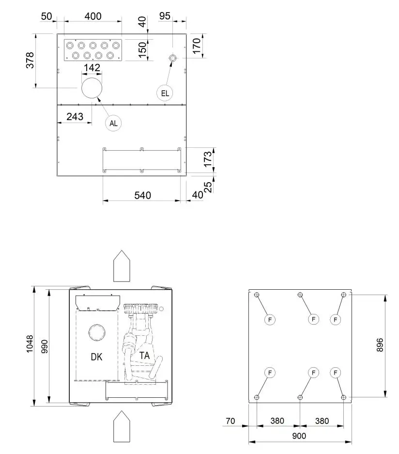 Miele PLW 8615 Lab Washer Installation Guide - View from above of TC (MAV) and feet (in mm)