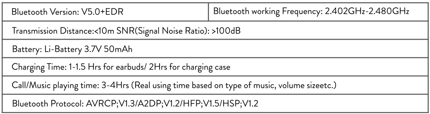 Lenntek 001-0300-001 True Wireless Sports Earphone Instruction Manual - Specifications