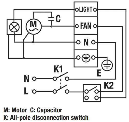 Fans may be connected to a lighting power circuit if loading permits. Wiring of the wall switch (not provided) and socket outlet in roof cavity must be carried out by a registered electrician. The wall switch should be located in accordance the Wiring Rules AS/NZS 3000. It must not be installed where it can be reached by a person in the bath or shower.