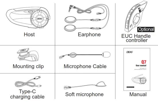EJEAS Q7 Top Quality Hi Fi Motorcycle Bluetooth Intercom- Packing List