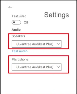 Set Avantree Audikast Plus as the Speakers and Microphone