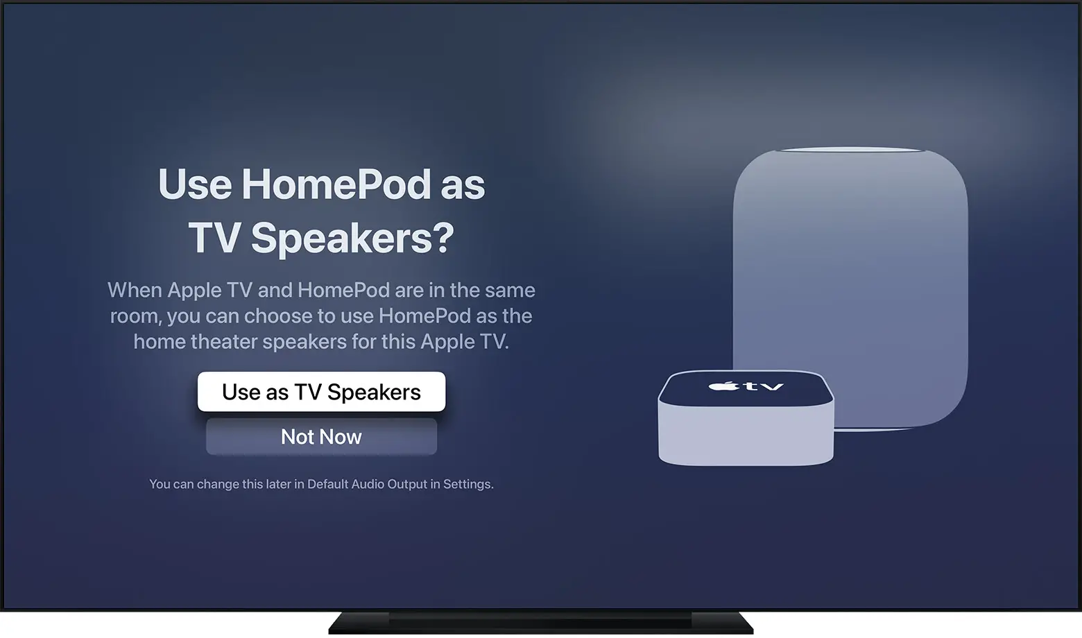tvOS screenshot showing the prompt to Use HomePod as TV Speakers.