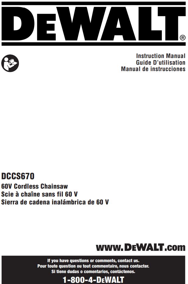 DEWALT DCCS670 60V Cordless Chainsaw Instruction Manual