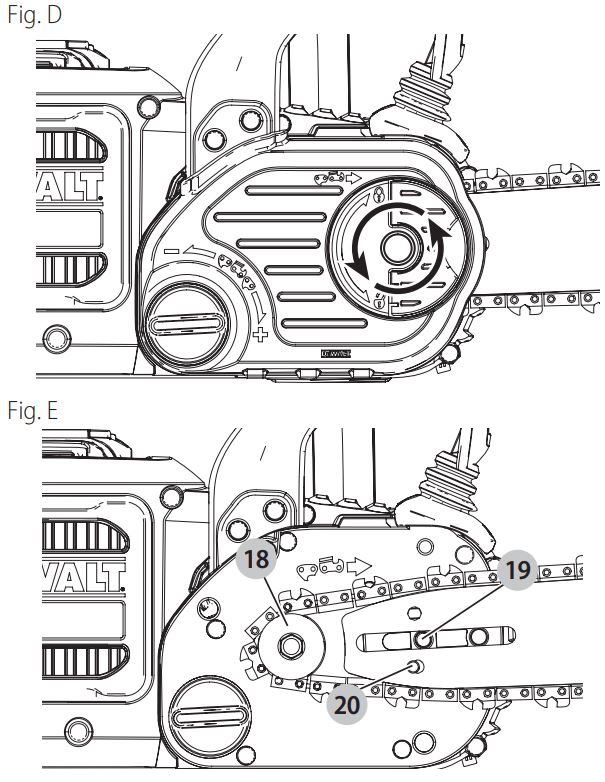 DEWALT DCCS670 60V Cordless Chainsaw Instruction Manual - Figure D,E