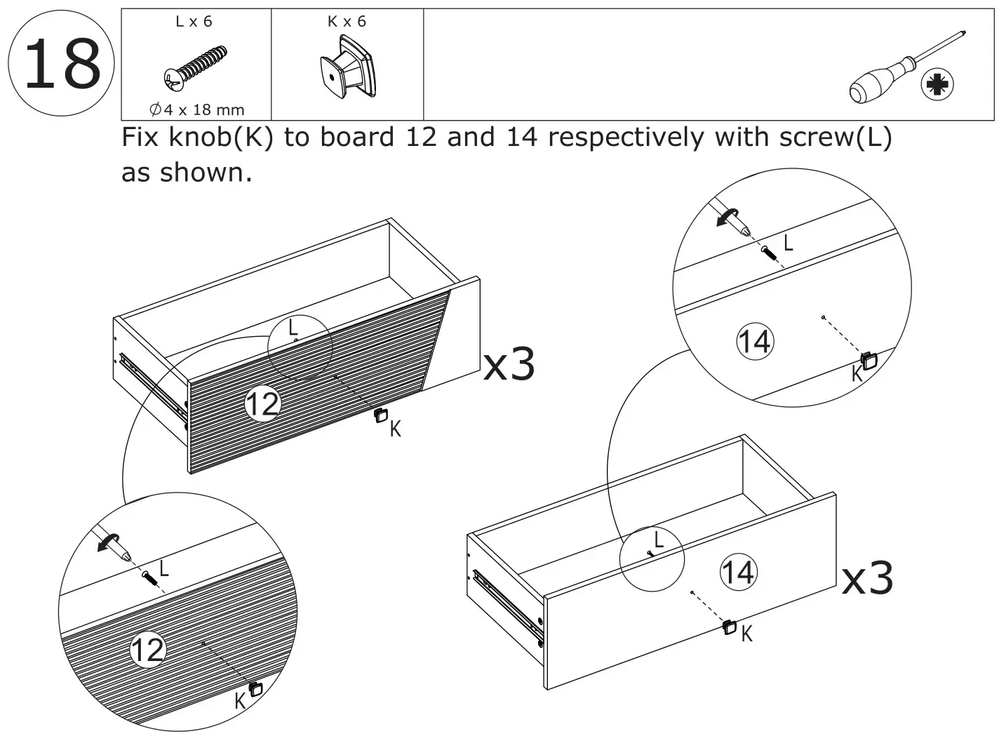 FUFU GAGA Sideboard 6 Drawer Freestanding Dresser - Fix knob(K) to board 12 and 14 respectively