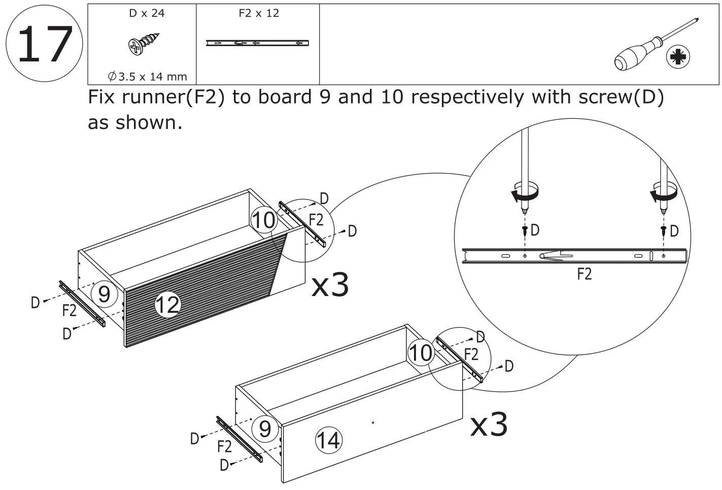 FUFU GAGA Sideboard 6 Drawer Freestanding Dresser - Fix runner(F2) to board 9 and 10 respectively with screw(D)