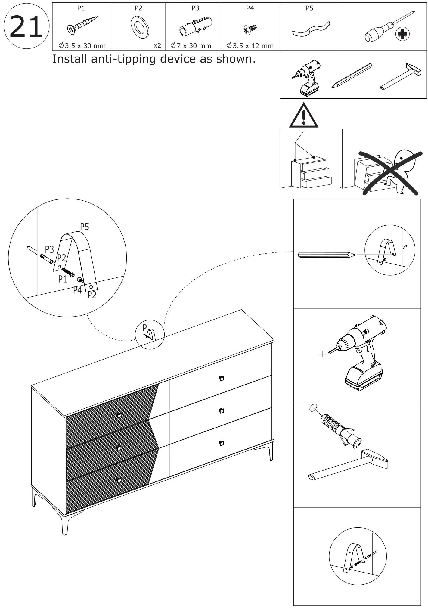FUFU GAGA Sideboard 6 Drawer Freestanding Dresser - Install anti-tipping device as shown