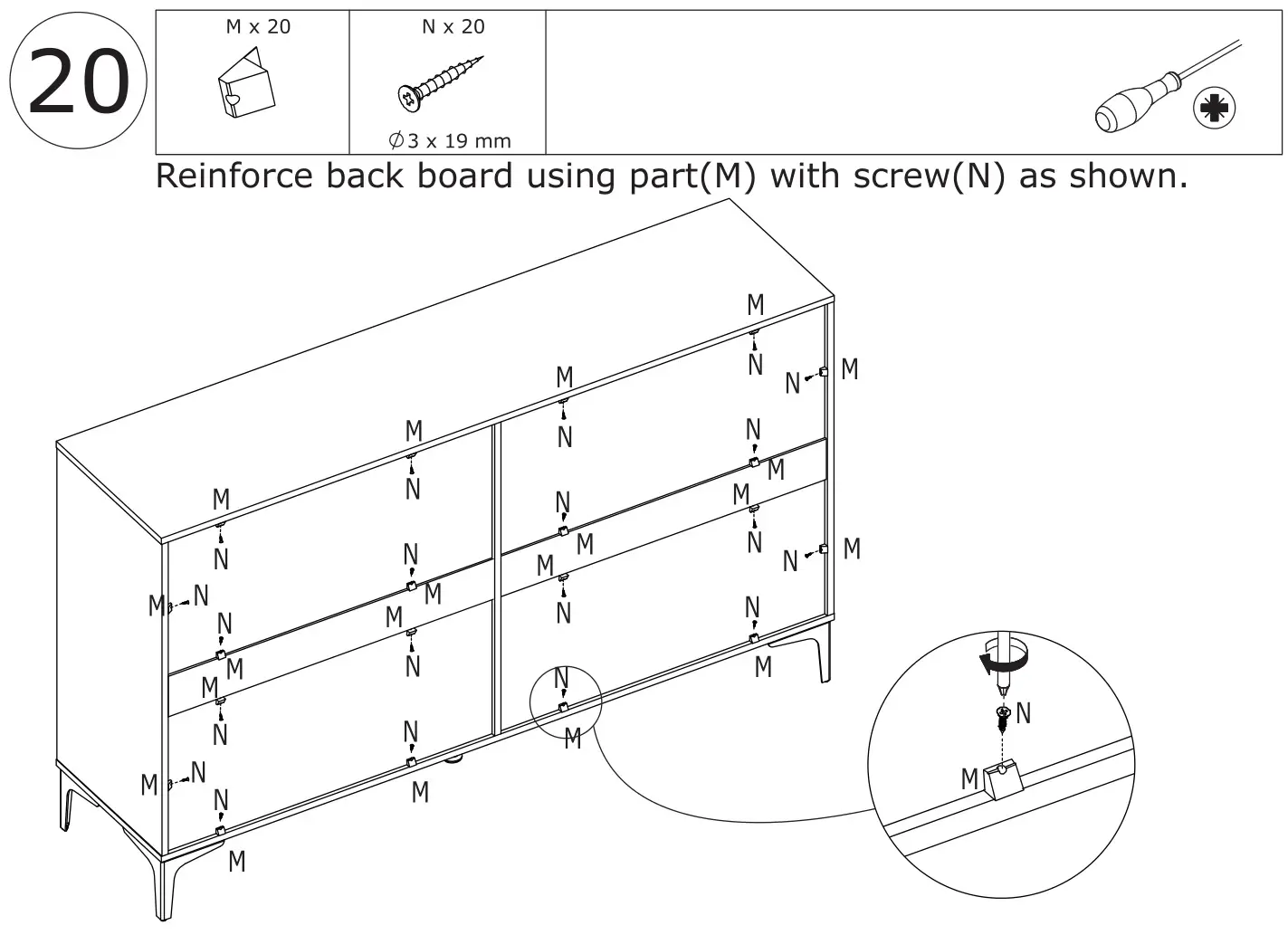 FUFU GAGA Sideboard 6 Drawer Freestanding Dresser - Reinforce back board using part(M) with screw(N) as shown