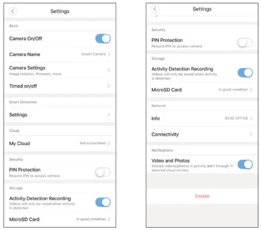 SV3C PG207 Y Series Wi Fi Camera - Camera Settings