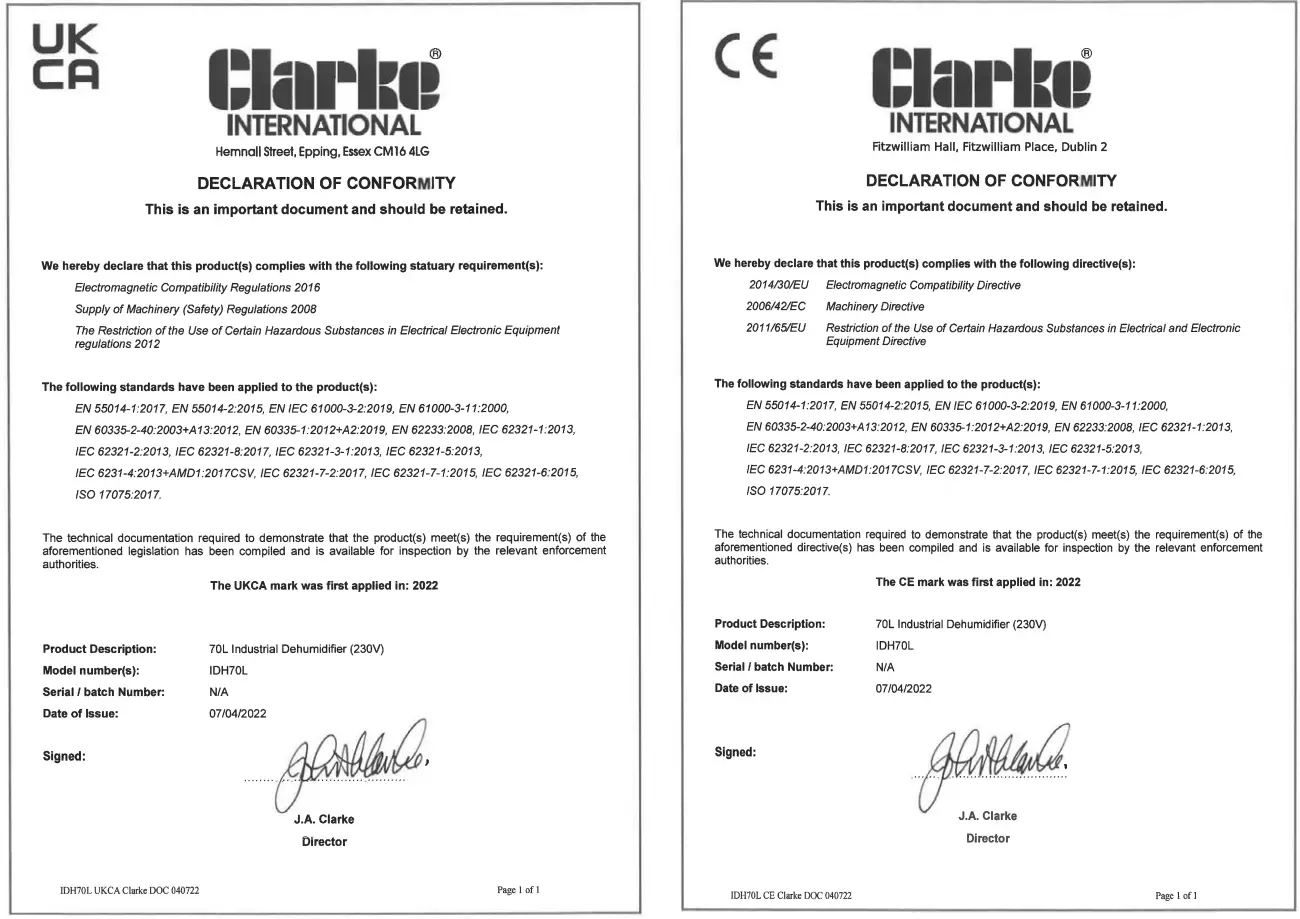 Clarke IDH70L 70L Industrial Dehumidifier - certificate