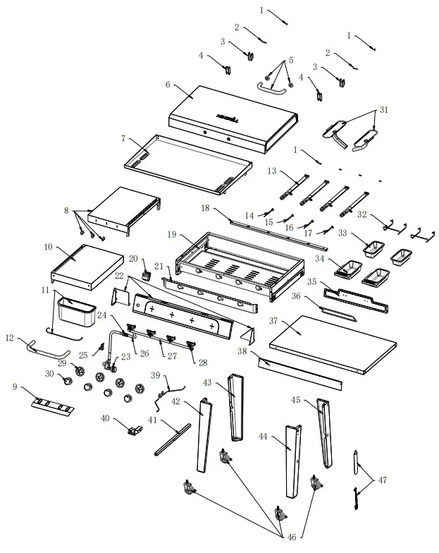 NEXGRILL 720 1058 Outdoor 4 Burner Griddle -Exploded View