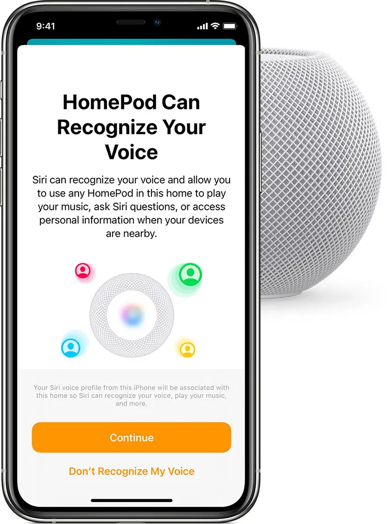 iOS screenshot showing HomePod Can Recognize Your Voice.