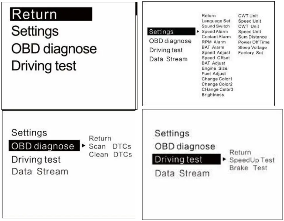 Wiiyii P13 OBD Smart Digital Meter - Menu mode
