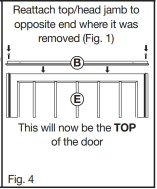 Reverse door top and side jambs to change swing direction if needed