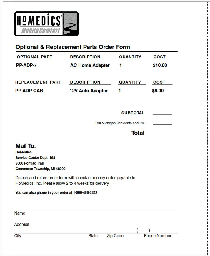 Optional & Replacement Parts Order Fo r m