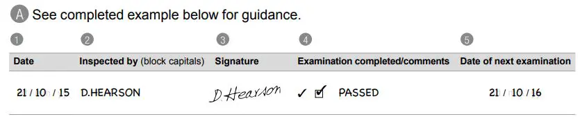 MSA Latchways Self Reracting Lifeline SRL Instruction Manual - See completed example below for guidance