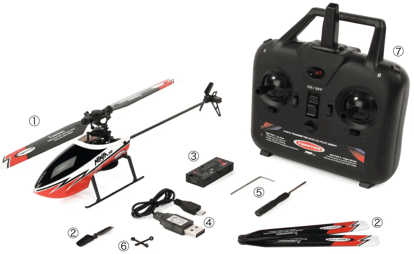 NINJA 250 Single-Rotor Radio Control Helicopter - Box contents
