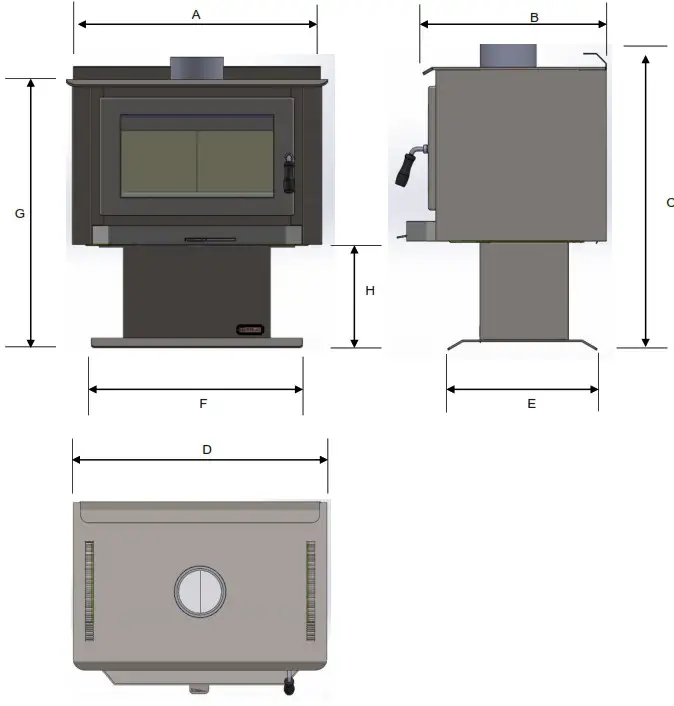 KEMLAN Tempo 3 Freestanding Wood Fireplace - DIMENSIONS 1