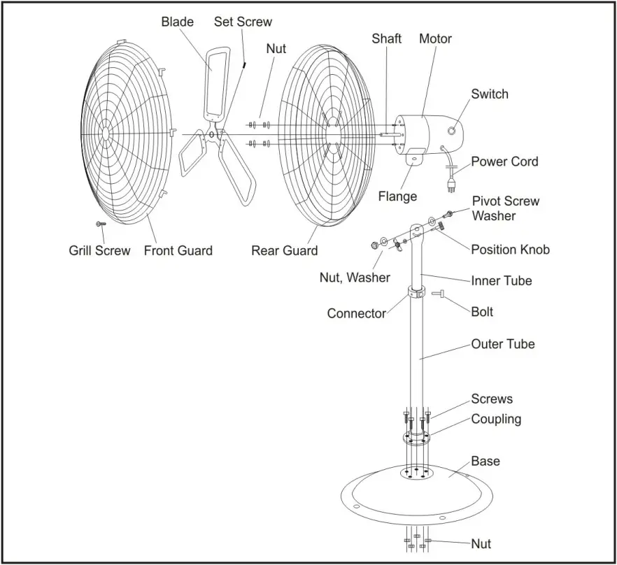 TORNADO HI FAN 30HVF 1P 30 Inch High Velocity Metal Stationary Non Oscillating Pedestal Fan - Fan Assembly