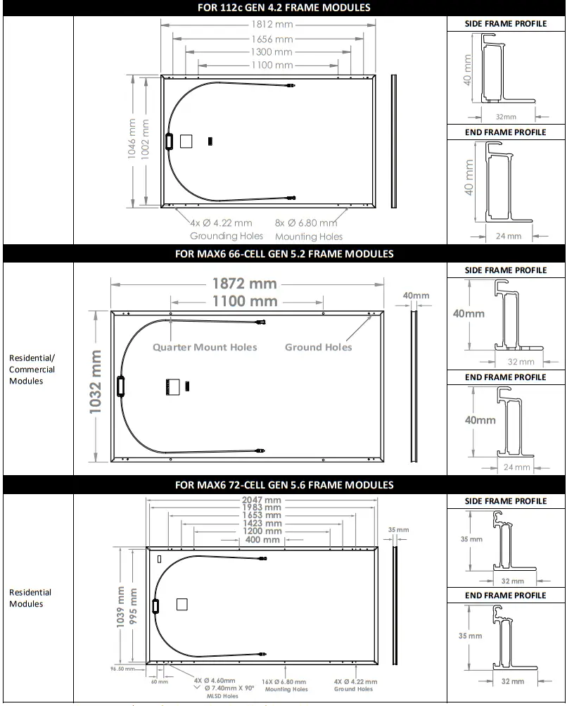 SUNPOWER SPRXyy-xxx Series Maxeon Solar Panel - Module Frame Details3
