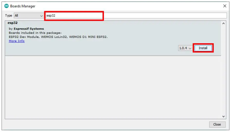 JOY-iT SBC-ESP32-Cam Camera Module - Enter esp32 in the search bar and install the ESP32 board manager