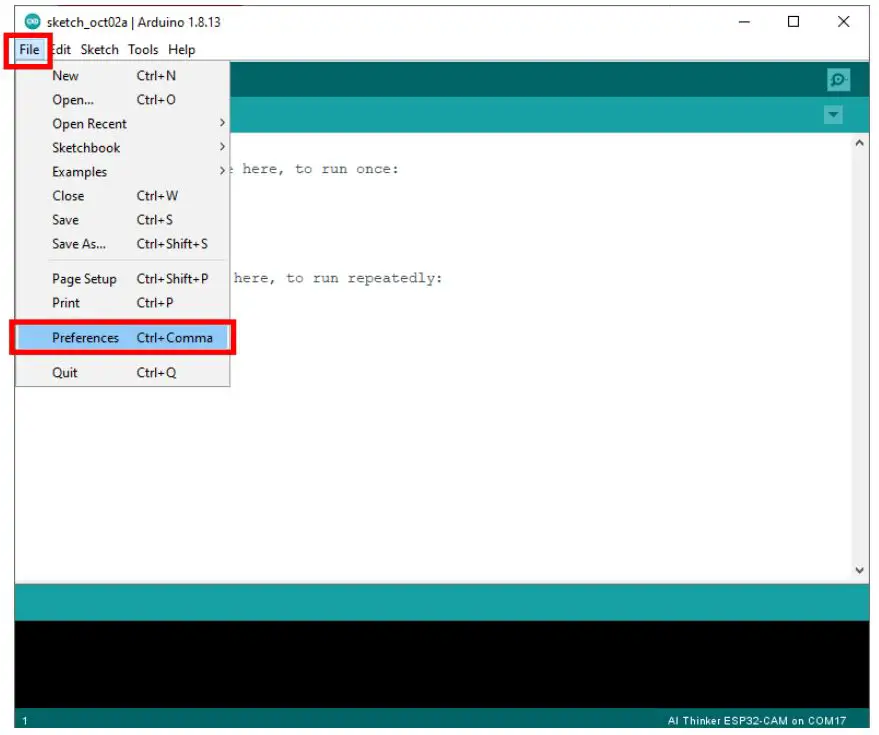 JOY-iT SBC-ESP32-Cam Camera Module - Go to zu File - Preferences