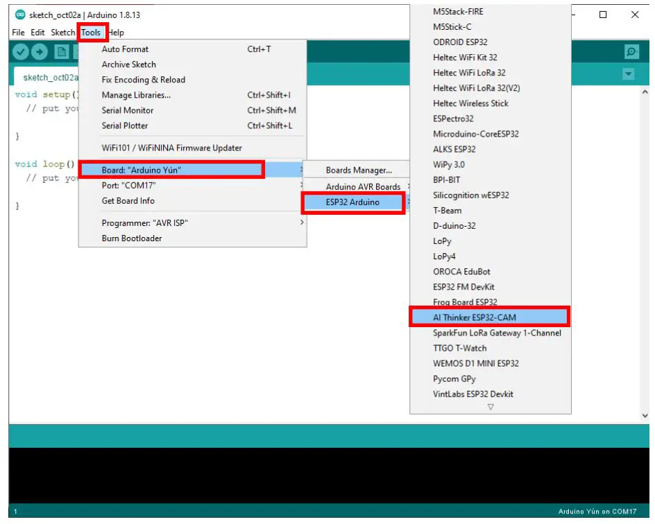 JOY-iT SBC-ESP32-Cam Camera Module - Now you can select under Tools - Board - ESP 32 Arduino, the board AI Thinker ESP32-CAM