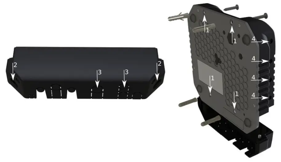 1. It is possible to attach the device to a wall, using the provided four screws and designed four holes on the unit. 2. The ports are protected with a small door, that is held in place with two screws. Remove to access Ethernet ports, antenna connector, SIM slots, etc. 3. The door has cut-out places for all available ports, so you can guide through all necessary cables, but please only break out the openings that you will use. 4. Several places for external antennas are provided on the case, use an appropriate size drill, to make them available. Be careful and measure the chosen antenna, so that it does not touch the internal PCB board when installed