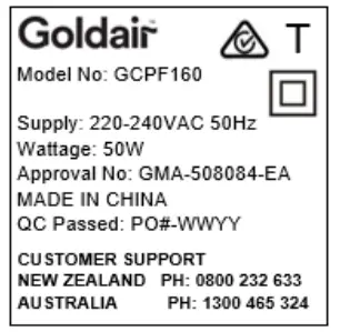 Goldair GCPF160 40cm Pedestal Fan with Remote - warning