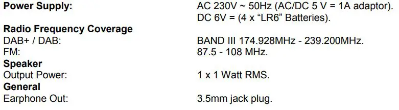 Roadstar TRA-300D+ Portable DAB+ FM Radio - TECNICAL SPECIFICATIONS