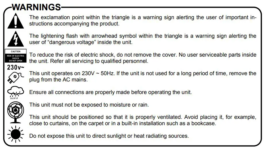 Roadstar TRA-300D+ Portable DAB+ FM Radio - Warnings