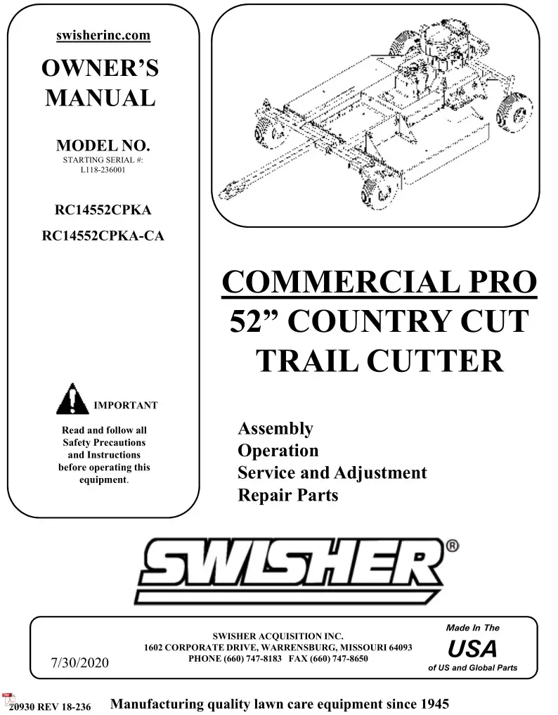 Swisher Commercial Pro Country Cut Trail Cutter Owner's Manual