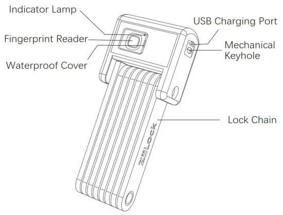 ZiiLock Smart Folding Bike Lock Fingerprint & Smartphone Unlock - Diagram