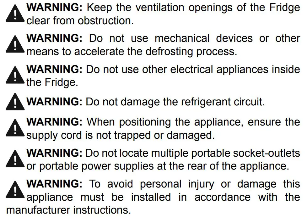 KONCAR HC1A60348BFN Freestanding Refrigerator User Manual - General warnings