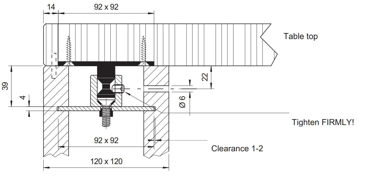 Table leg assembly 120 x 120 mm, hollow, centric