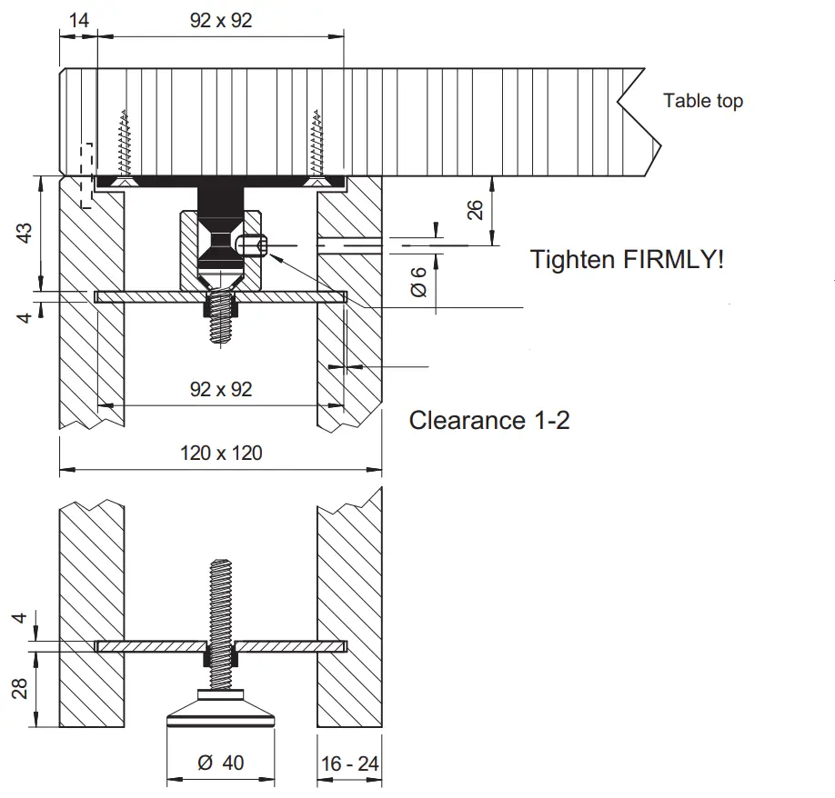 Table leg assembly 120 x 120 mm, hollow, centric