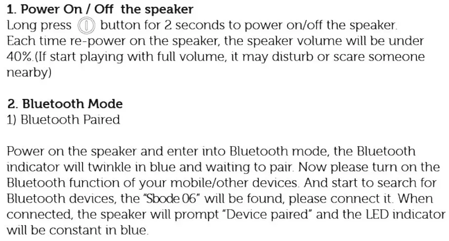Sbode 06 Portable Bluetooth Speaker - Instructions