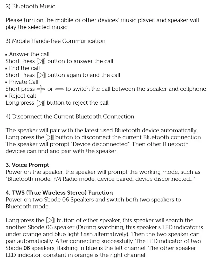 Sbode 06 Portable Bluetooth Speaker - Instructions