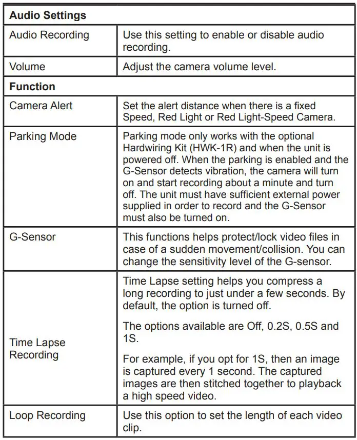 Uniden DASH VIEW 30R Vehicle Recorder - Audio Settings