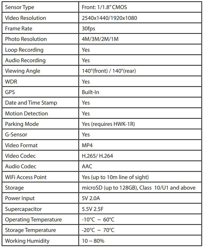 Uniden DASH VIEW 30R Vehicle Recorder - Specification
