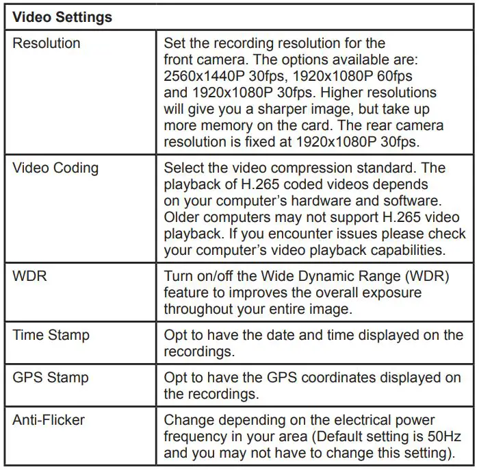 Uniden DASH VIEW 30R Vehicle Recorder - Video Setting