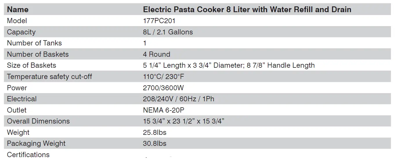 Avantco Equipment 177PC201 Electric Countertop Pasta Cooker-FIG1