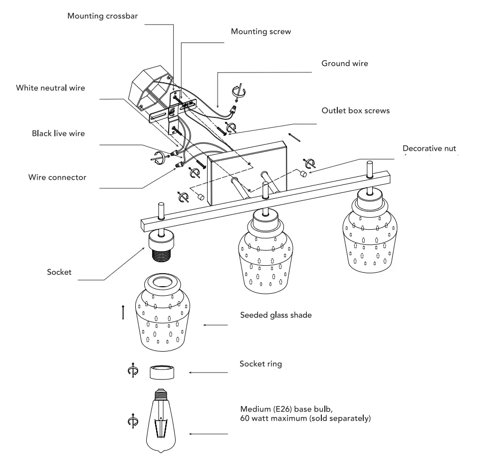 globe 91002143 Bunbury 24 Inch 3-Light Matte Black Vanity Light with Seeded Glass - Fig 1
