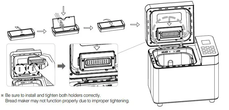 CUCKOO 100752102 Compact Automatic Bread Maker - Using the fruit & nut dispenser