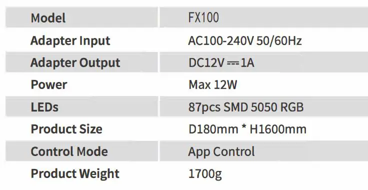 MagiAcous FX100 RGB Floor Lamp Music Sync User Manual - Product Parameter