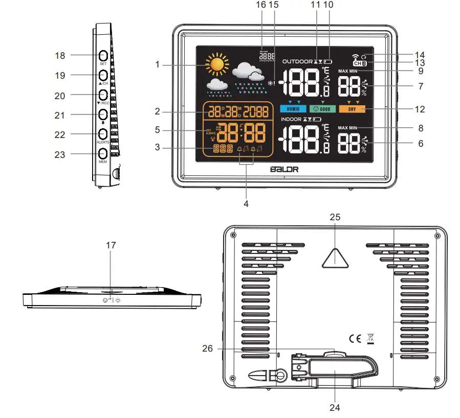 BaLDR B0359WST2H2PR Wireless Color Weather Station with Temperature Alerts - MAIN UNIT