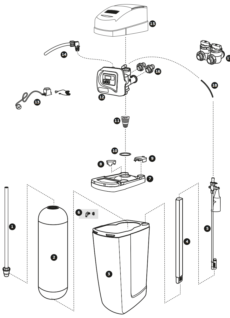Puretec SOL E1 Series Automatic Timer Water Softening Appliance - Exploded Diagram