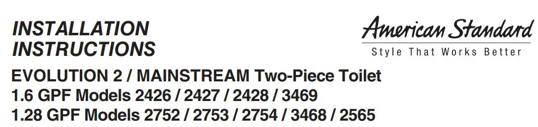 American Standard 2426 EVOLUTION 2 - MAINSTREAM Two-Piece Toilet Instruction Manual