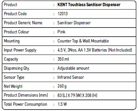 KENT Touchless Sanitier Dispenser fig 5