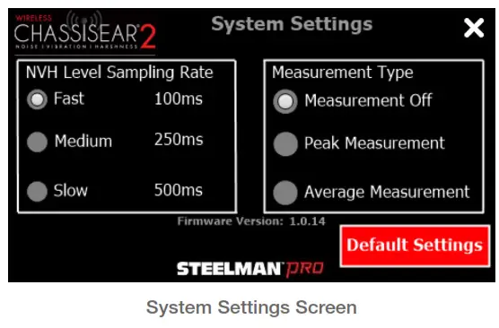 STEELMAN PRO 60605 Wireless ChassisEAR 2 Versatile Noise Vibration and Harshness Diagnostic Tool - SYSTEM SETTINGS